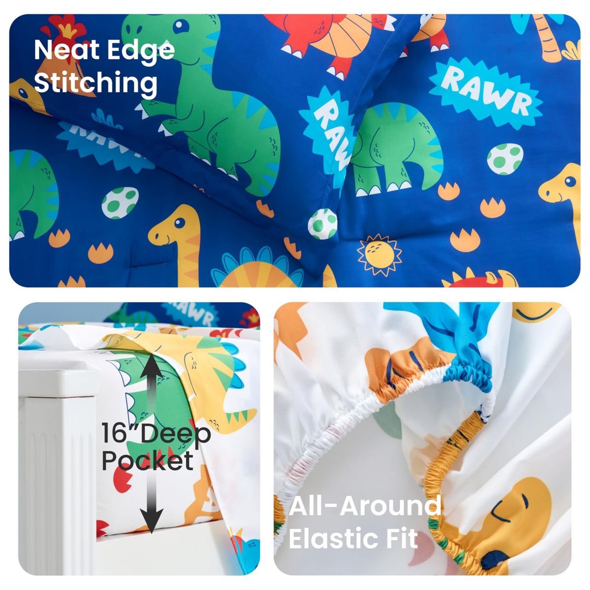 Joyfy Kids Full Comforter Set for Toddler Teen Boys Cute Dinosaur Bedding Set Super Soft Microfiber Bed in a Bag with Comforter Sheet Pillowcase Sham - thumbnail 8