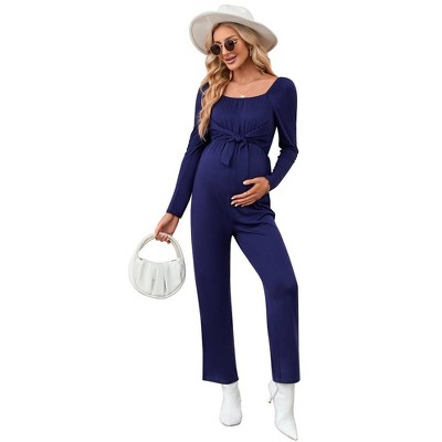 Pregnancy Jumpsuits Crewneck Tie Front Elastic Waist Stretchy Romper