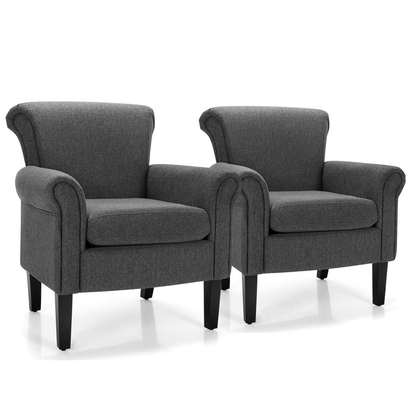Costway Set of 2 Upholstered Fabric Accent Chairs w/ Rubber Wood Legs Dark Gray\Light Gray, 1 of 9