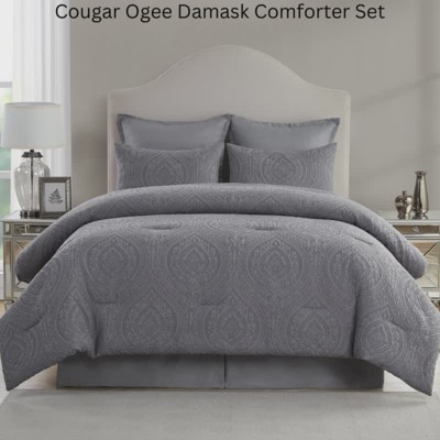 Gray Microfiber Queen Comforter Set with Ogee Damask Design