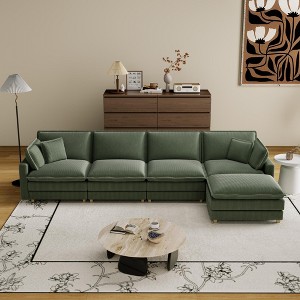Corduroy Deep Seat Modular L-Shaped Sectional Sofa with 4 Pillows and Removable Ottoman for Living Room, Bedroom, or Apartment - 1 of 4