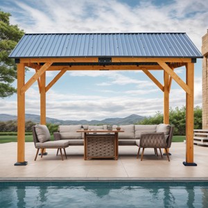 Modern Carport Pavilion Gazebo, All Weather Brotected Steel Roof, Patio Gazebo with Hard Top Steel Metal Roof and Wooden Frame-Coolbibila - 1 of 4
