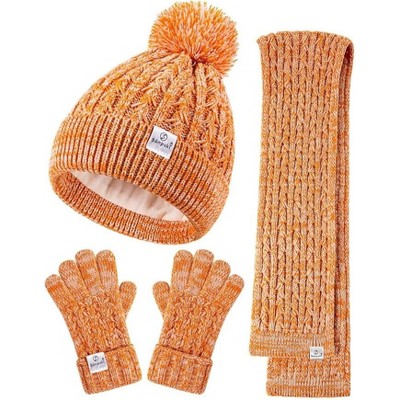 SENPUKI Kids Winter Hat Gloves Scarf Set,Girls Toddler Winter Hat Beanie with Pom Neck Warmer Gaiter Mittens Fleece Lined Set