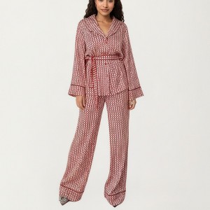 Anna-Kaci Lounge Women's Printed Satin Pajama Set with Long Sleeve Wrap Top Self-Tie Waist and Full-Length Relaxed Fit Lounge Pants - 1 of 4