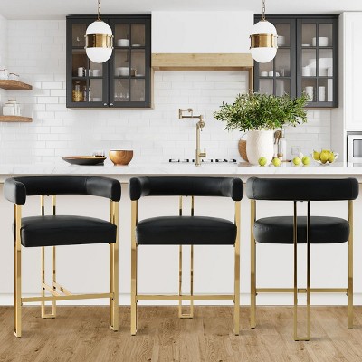 Modern Counter Barstools With Faux Leather,Counter Height Chairs Set Of 3,MidBar With Curved Armrest & Gold Metal Legs,Kitchen Island-Tanpinhause