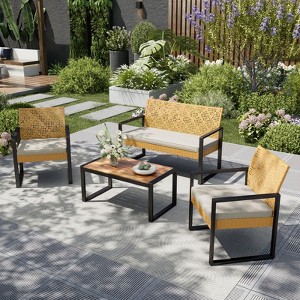 Captiva Designs Outdoor Patio 4 Pieces Wicker Porch Furniture Small Rattan Couch Set with Wood Table for Backyard - 1 of 4