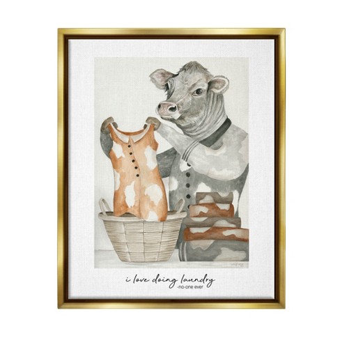 Stupell Industries Funny Laundry Cow Phrase Framed Floater Canvas Wall ...