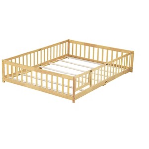 Bellemave Queen Size Floor Bed with Fence,Door,Rubber Wood Floor Bed with Safety Guardrails,Natural - 1 of 3