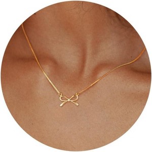 Gold Bow Pendant Necklace for Women, 14K Gold Plated CZ Bead Choker Christmas Gift - 1 of 4