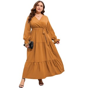 Plus Size Women's V-Neck High Waist Maxi Dress with Tiered Ruffle Hem and Long Sleeves - 1 of 4
