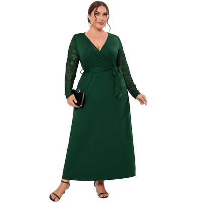 Womens Plus Size Lace Long Sleeve Maxi Dress with Belt Criss Cross Neck Casual Long Dress