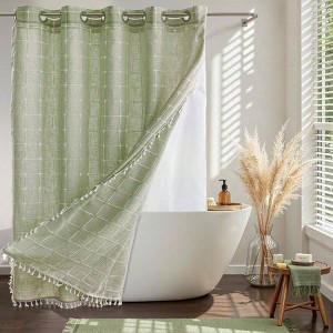 Sage Green Farmhouse Shower Curtain with Snap - in Liner, Magnets, Tassels, Water Repellent, Machine Washable, 71x74 Inch - 1 of 4