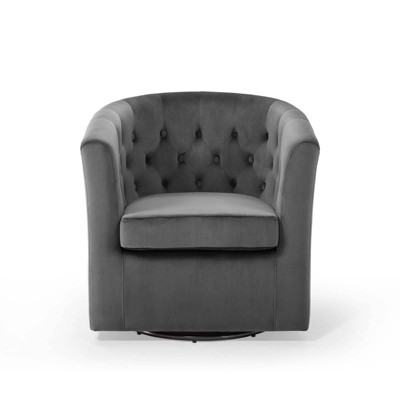 Charcoal Velvet Barrel Swivel Accent Chair with Tufted Accents