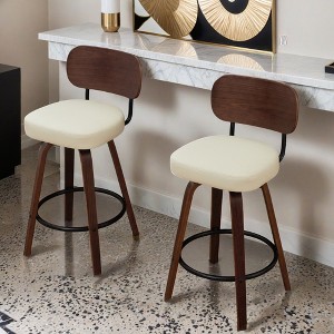 Swivel Bar Stools Set of 2, 26" Upholstered Faux Leather Counter Height Barstools with Walnut Back & Bentwood Legs - Leovsnove - 1 of 4