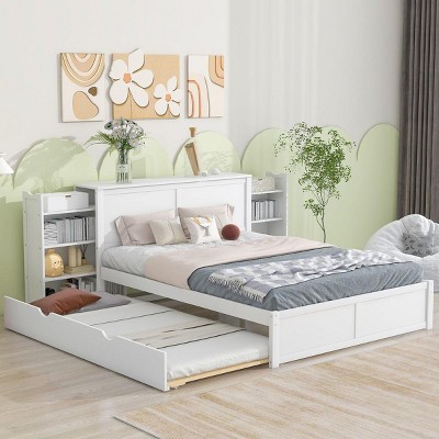 Streamdale Queen Size Storage Platform Bed with Pull Out Shelves and Twin XL Size Trundle, White