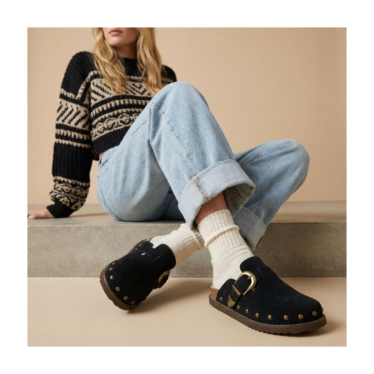 Женские сабо CUSHIONAIRE Bronco Slip On Mule Womens Shoes – Genuine Suede Leather Clogs with Adjustable Buckle and Studded Detailing Biscuit 8 — фото 5