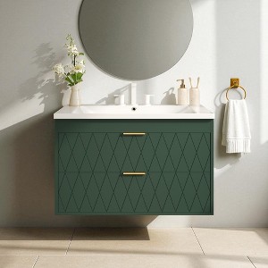 30" Wall Mounted Bathroom Vanity with Resin Sink, Floating Bathroom Cabinet with 2 Soft-Close Drawers, Compact Storage - 1 of 4