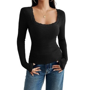 Clearlove Women Long Sleeve Shirts Lace Square Neck Slim Fit Fashion Top - 1 of 4