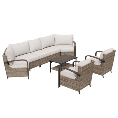 EAGLE PEAK Coastal Vista Outdoor Patio Furniture Set, Half-Moon Curved Wicker Patio Conversation Set with Coffee Table