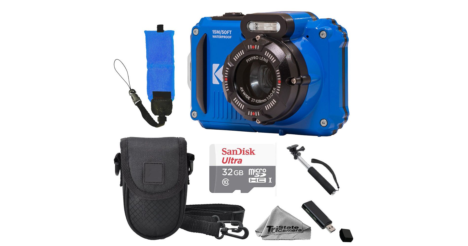 Kodak PIXPRO WPZ2 Waterproof Digital Camera (Blue) with Case, 32GB Memory Card, Monopod Selfie Stick, Floating Strap & Microfiber Cloth