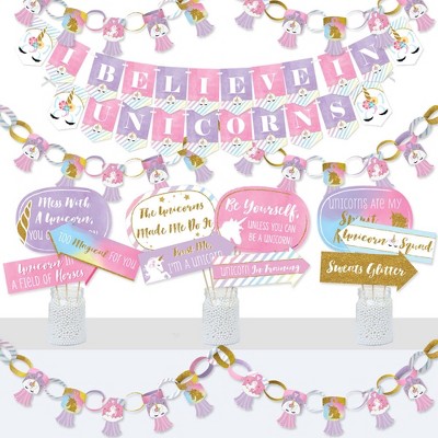 Big Dot of Happiness Rainbow Unicorn - Banner and Photo Booth Decor - Magical Unicorn Baby Shower or Birthday Party Supplies Kit - Doterrific Bundle