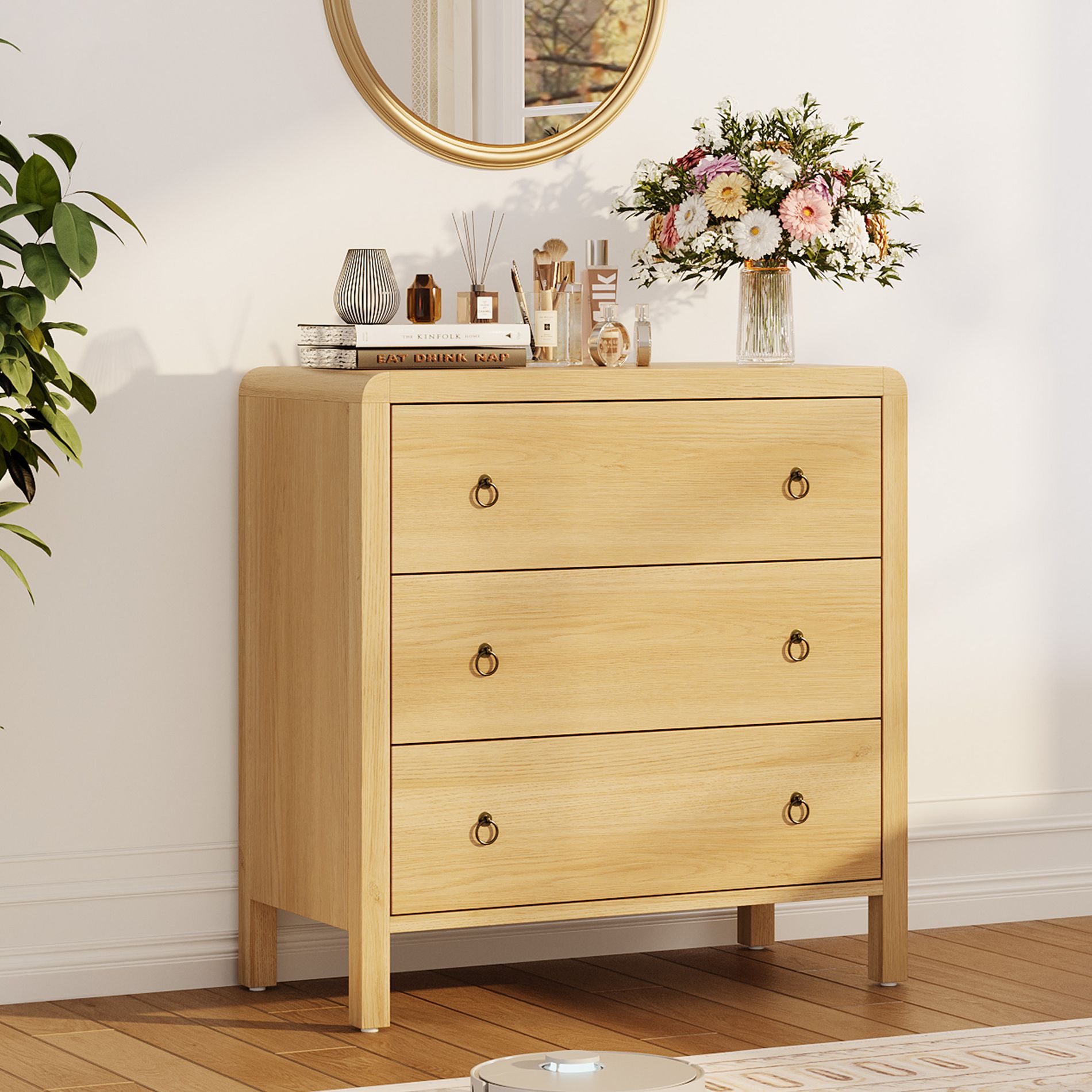 Curved Drawer Dresser for Bedroom, Modern Chest of Drawers with Metal Ring Handles, Wooden Storage Cabinet for Closet, Living Room