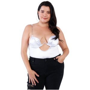 Slickblue Plus Size Silk Bodysuit, Spaghetti Strap, Silver Chain Detail, Center Keyhole, High Thong, 4 Colors, Size 1XL-3XL - 1 of 4