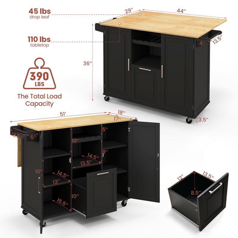 Costway Rolling Kitchen Island Utility Serving Cart with Drop Leaf Wine Rack Drawer, 4 of 11