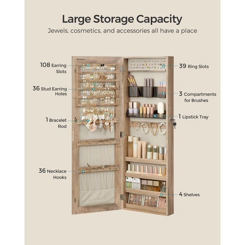 SONGMICS Jewelry Cabinet Storage Wall-Mounted Jewelry Organizer Armoire Full-Length Mirror, 5 of 9