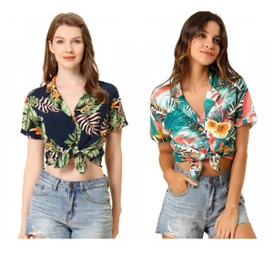 Allegra K Women's Hawaiian Floral Leaves Printed Short Sleeve Button Down Vintage Shirt 2 Pcs - 1 of 4