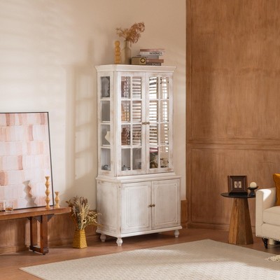 Wooakway 78" White Washed Vintage Display Cabinet with Glass Doors 3 Sided Glass Farmhouse Pantry Storage Hutch for Living Room Kitchen Office Hallway