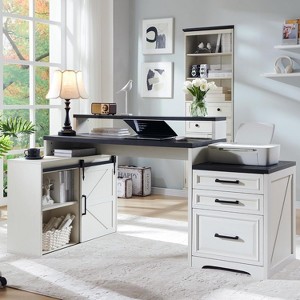 SinCiDo L-Shaped 67" Desk,Farmhouse Computer Desk w/ Charging Station & Filing Cabinets A4/ Letter /F4/ Law,Double-Layer Storage Cabinet,Writing Desk - 1 of 4
