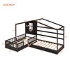 2 Twin Size L Structure Wood House Bed with Fence and Slatted Frame, White/Gray/Espresso, 4W -ModernLuxe - 3 of 4