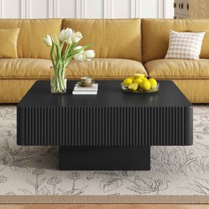 31.6 Inch Minimalist Modern Style Coffee Table, Square Fluted Coffee Table with Drum Base, Smooth Painted Table with MDF Top-Coolbibila - 1 of 4