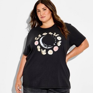 Women's Floral Butterfly Moon Phase Short Sleeve Graphic T-Shirt - Black - 1 of 3