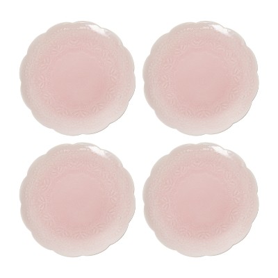Transpac Ceramic 7.9 in. Pink Debossed Lace Plates Set of 4