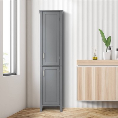Gray Engineered Wood Linen Tower Cabinet with Adjustable Shelving