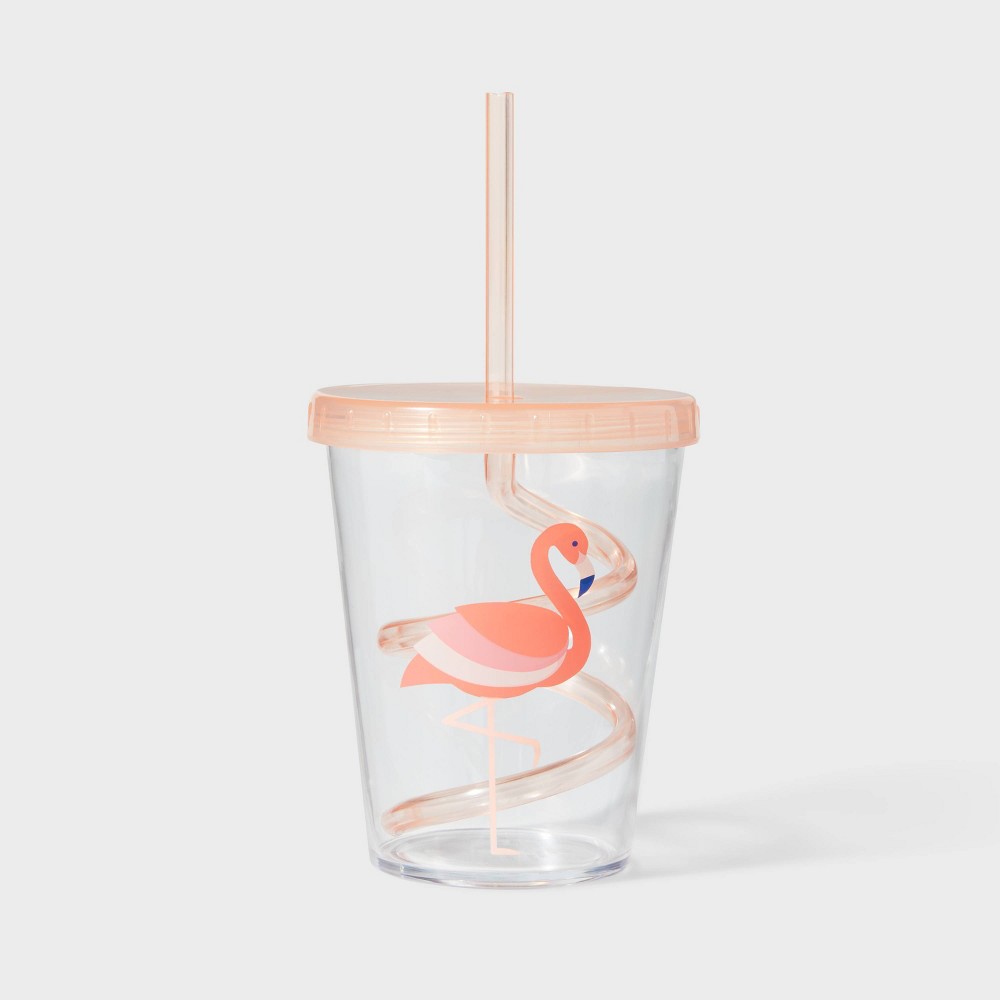 Photos - Glass 14oz Flamingo Swirly Straw Tumbler Pink - Sun Squad™
