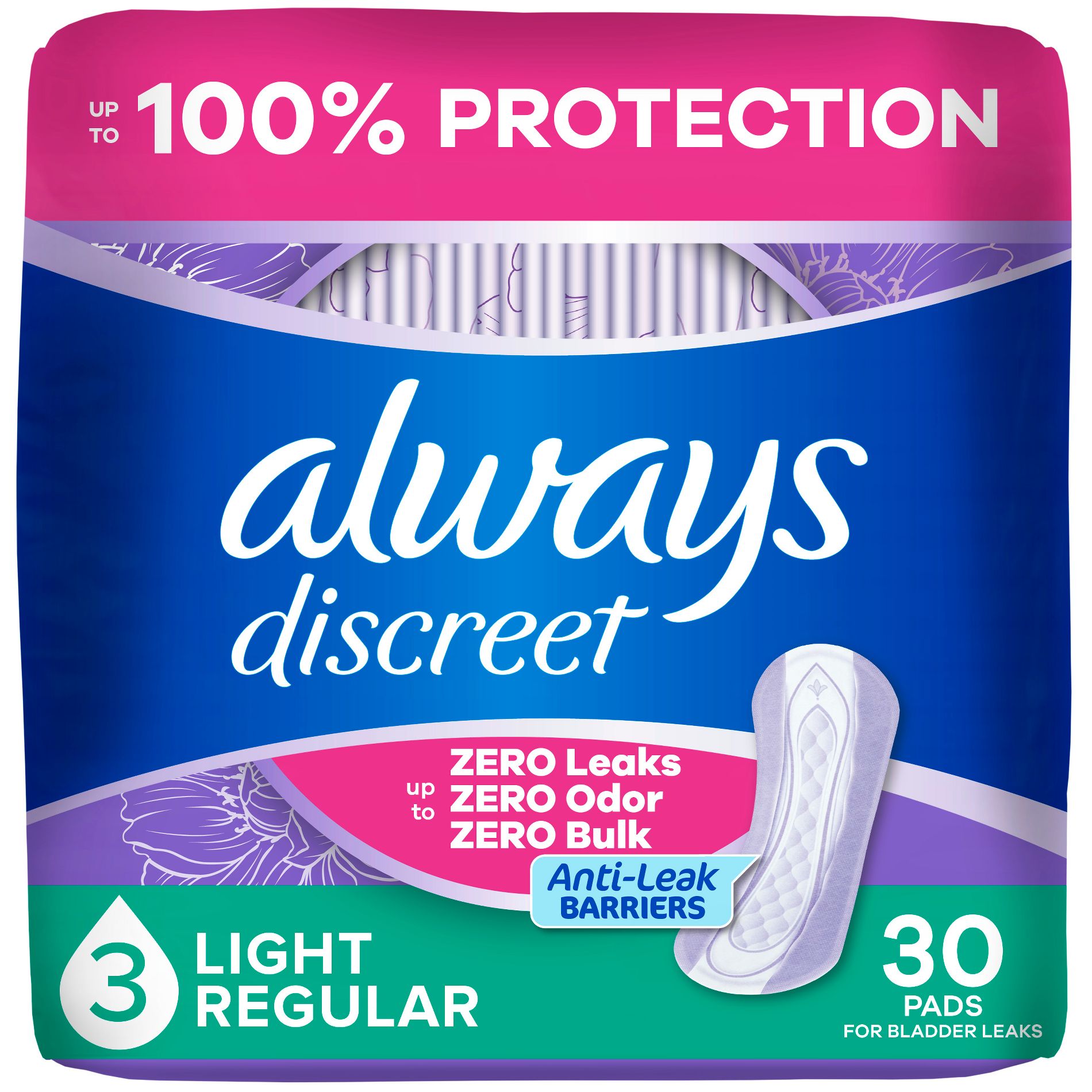 Always Discreet Incontinence & Postpartum Incontinence Pads - Light Absorbency - 30ct