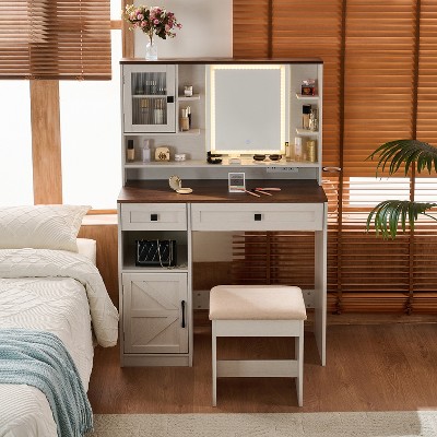Makeup Vanity Desk with Lighted Mirror, Dressing Table Set with Charging Station, Stool, Drawers & Side Cabinet - ModernLuxe