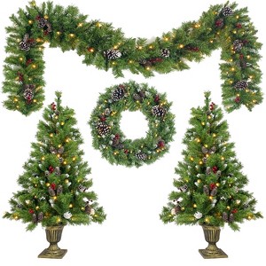 Pre-lit Xmas Tree Artificial Christmas 4-Piece Set,Garland, Wreath and Set of 2 Entrance Trees X-mas with LED Lights, Christmas Tree - 1 of 4