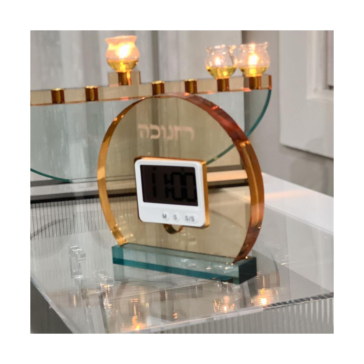 Amber & Teal Lucite Chanukah Timer White, Elegant Hanukkah Judaica Decor with Digital Clock Display - thumbnail 3
