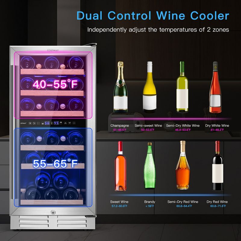 Costway 30-Bottle Freestanding Wine Cooler 15''Dual Zones Wine Cellar w/ Temp Memory, 4 of 11