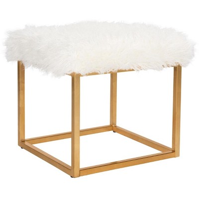 Rowan White Faux Sheepskin Square Ottoman with Gold Finish