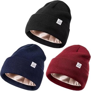 Zuppad 3 Pack Satin Lined Winter Beanie Hats for Women Men,Silk Lined Womens Beanies Knit Soft Warm Cuffed Hats - 1 of 4