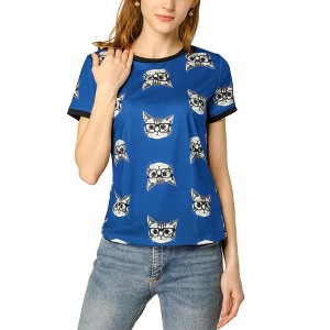 Allegra K Women's Cat Contrast Cartoon Print Tee Casual Summer T-Shirt - 1 of 4