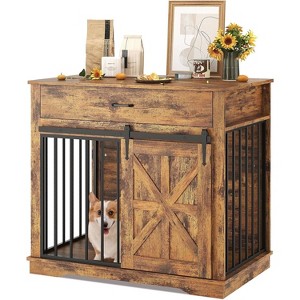 37.8" Wooden Dog Crate Furniture - Farmhouse Style w/Storage Drawer, Indoor Kennel Table for Small/Medium Dogs, Pet House End Side Table - 1 of 4