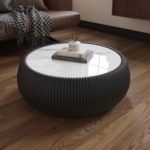 Racxily Light Marble Top Drum Shape Leather Coffee modern Sofa Table for Living Room furniture - 1 of 4
