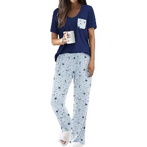 Ekouaer Pajama Sets for Women 2 Piece Short Sleeve Pj Sets With Long Printed Pants Sleepwear Casual Lounge Sets - 1 of 4