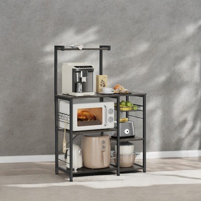 LEDREM Baker's Rack, Microwave Stand, Kitchen Storage Rack with Wire Basket, 6 Hooks, and Shelves, for Spices, Pots, and Pans